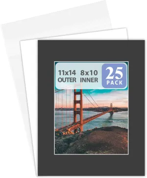 Pack of 25 11x14 Black Picture Mats Mattes with White Core Bevel Cut for 8x10 Photo  Backing  Bags