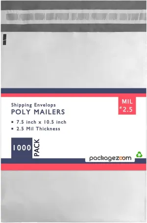 PackageZoom 1000 Bags 7.5" x 10.5" Poly Mailer Envelopes Double Layer 2.5 Mil Shipping Bags with Self Sealing and Waterproof Tear-Proof Postal Bags, White