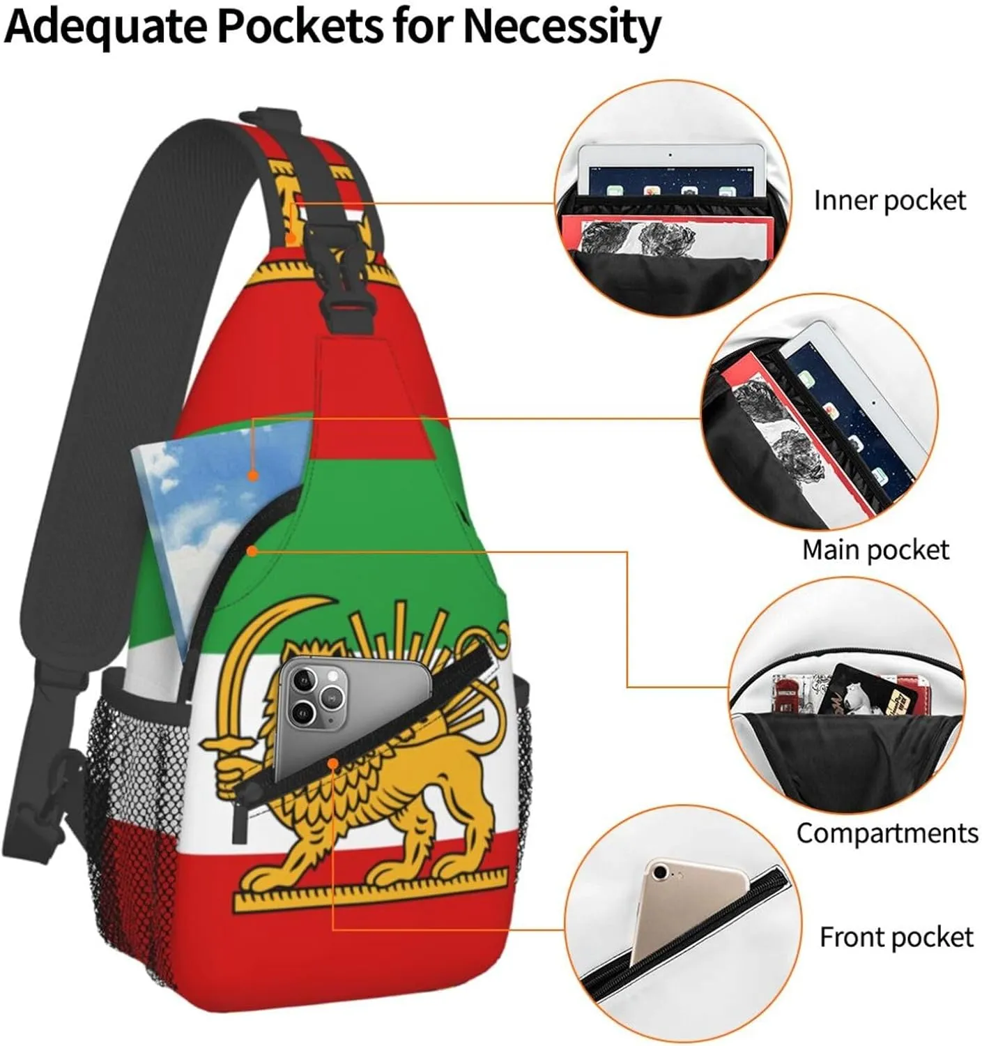 Pahlavi Dynasty Flag Sling Bag Multipurpose Crossbody Sling Backpack For Women Men Travel Cycling Hiking Shoulder Bag