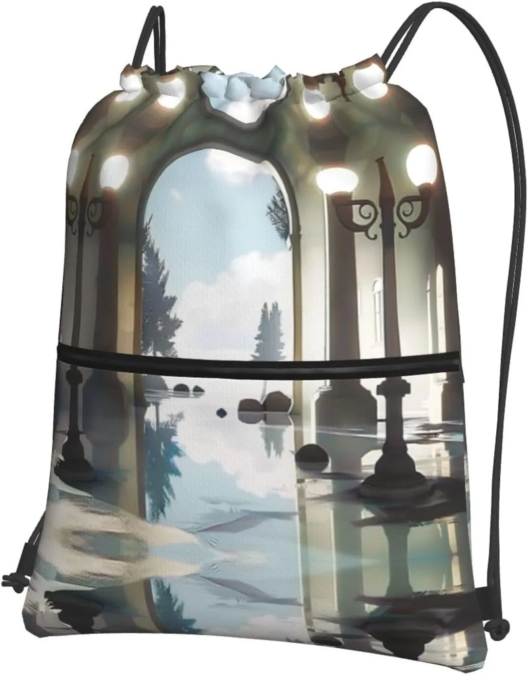 palace Water-Resistant Zipper Drawstring Backpack for Gym/Yoga/Travel - Lightweight Foldable 15.3x18 Sports Bag w/Multiple Pockets