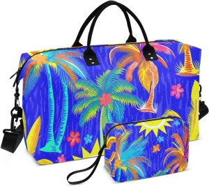 Palm Trees Sun Energetic Blue Travel Duffel Bag with Toiletry Bag Weekender Bag for Carry on Sports Gym Bag for Overnight Weekend