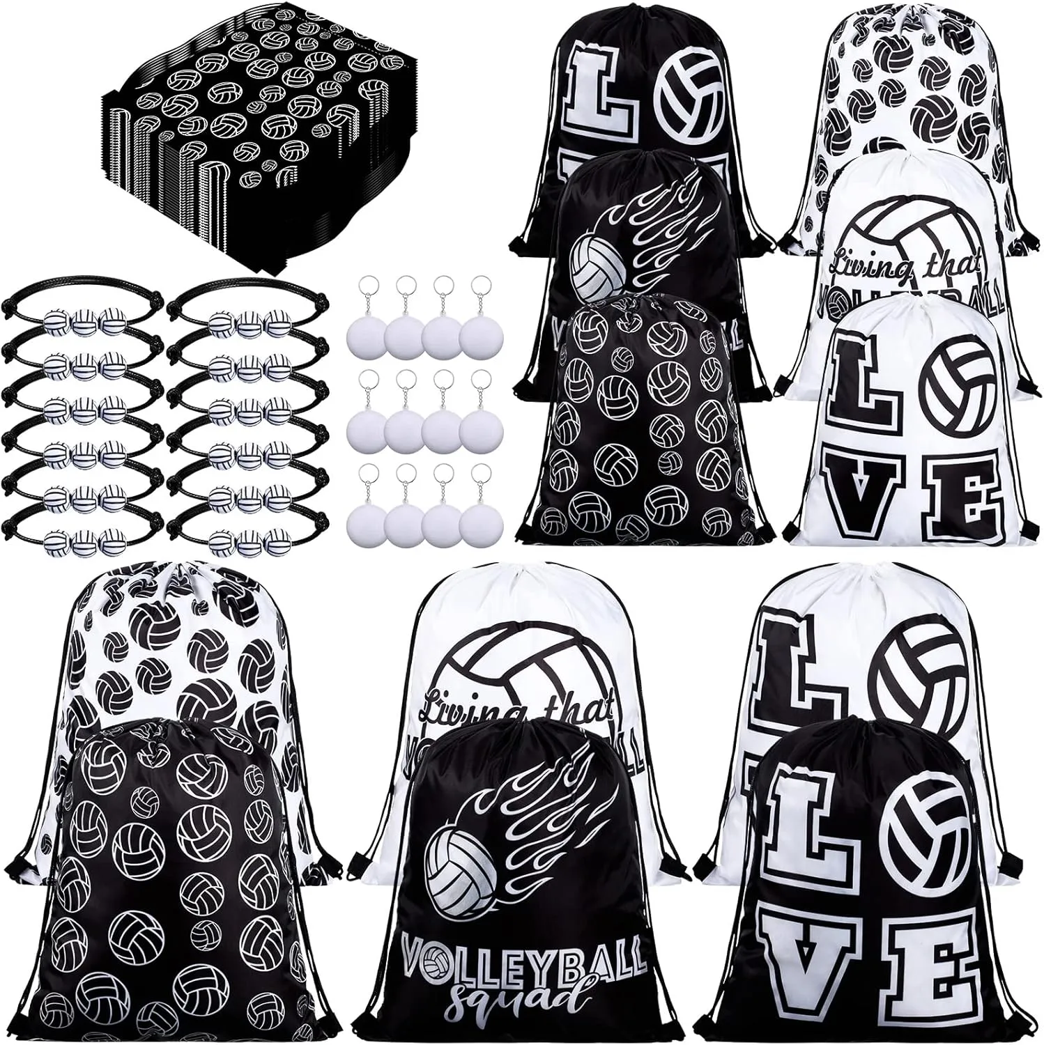 Patelai 36 Pcs Sport Party Favors 12 Drawstring Gift Bags Goodie Treat Candy Bag 12 Adjustable Bracelets 12 Keychains for Birthday Party Supplies Decorations(Volleyball)