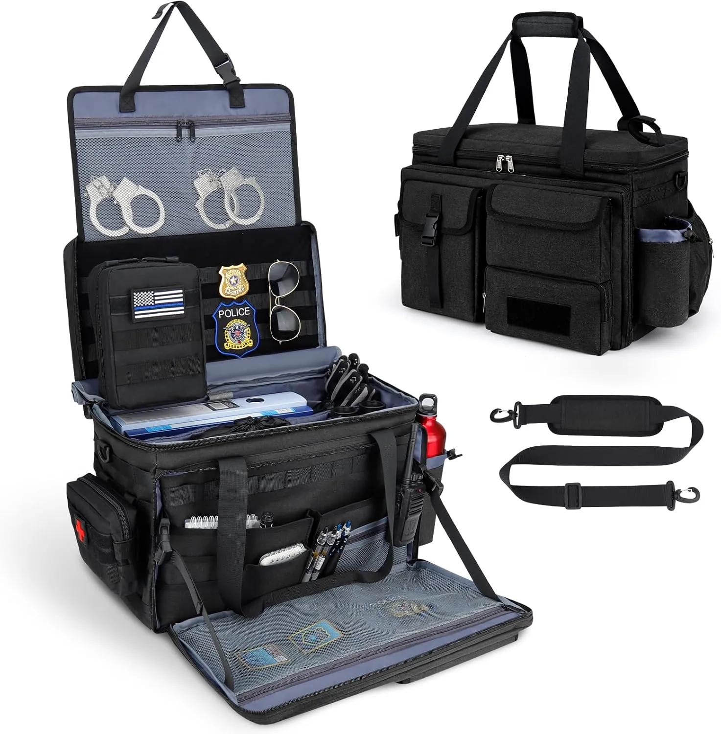 Patrol Bag Law Enforcement Police Gear Bag, Car Front Seat Organizer Tactical Officer Duty Bags, Police Car Accessories for Passenger Seat, Multiple Compartment Molle Webbing Removable Shoulder Strap