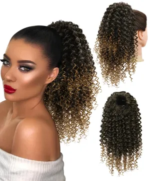 PEACOCO Curly Ponytail Extension Drawstring Ponytails for Black Women Synthetic Curly Drawstring Ponytail with 2 Clips(1BT27)