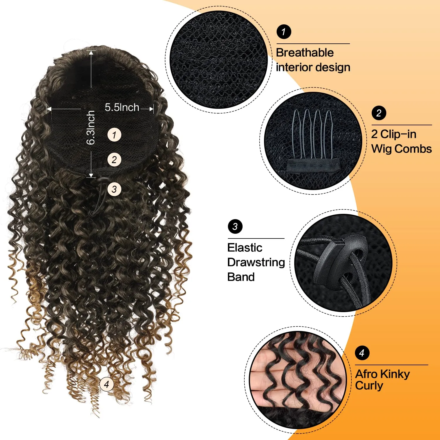 PEACOCO Curly Ponytail Extension Drawstring Ponytails for Black Women Synthetic Curly Drawstring Ponytail with 2 Clips(1BT27)