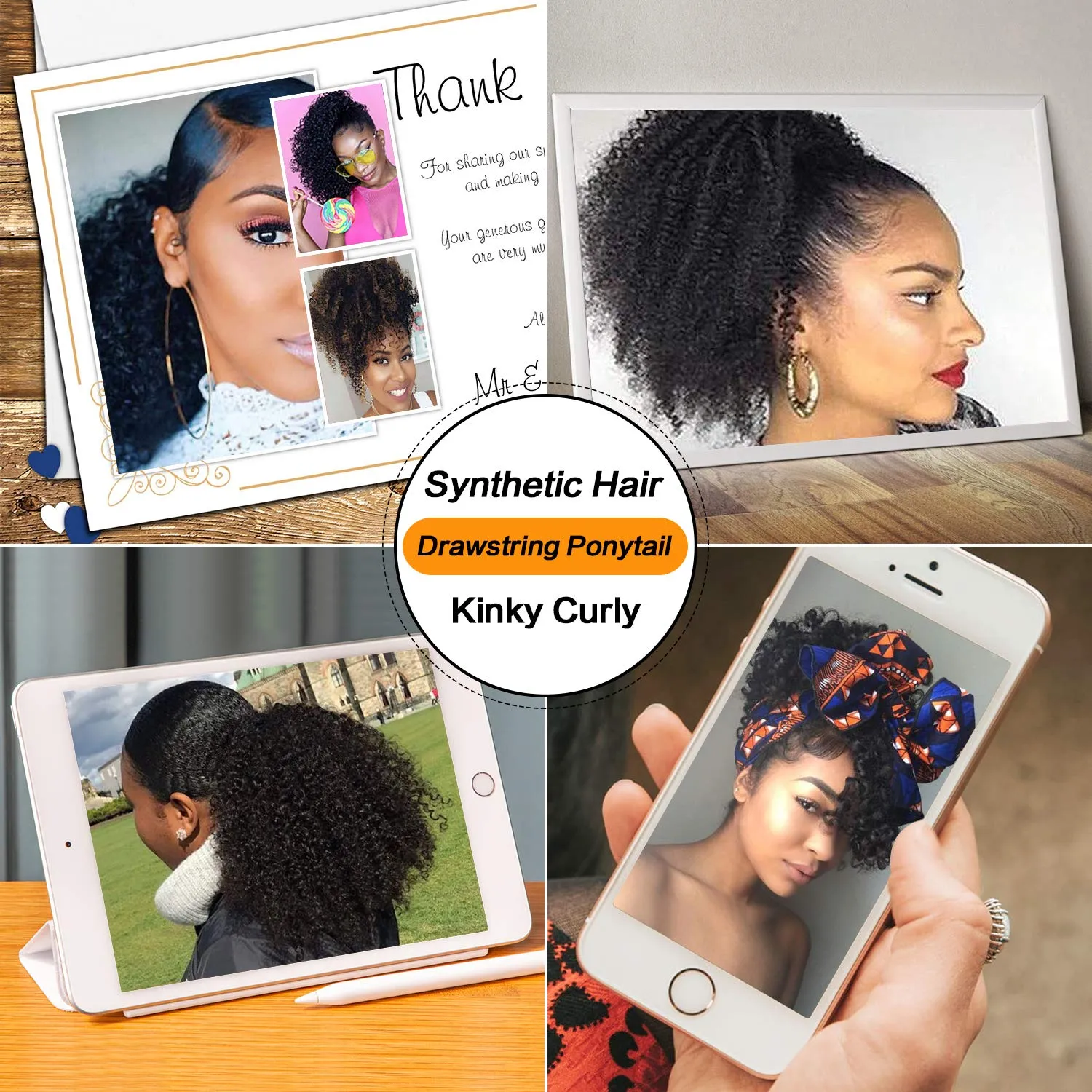 PEACOCO Curly Ponytail Extension Drawstring Ponytails for Black Women Synthetic Curly Drawstring Ponytail with 2 Clips(1BT27)