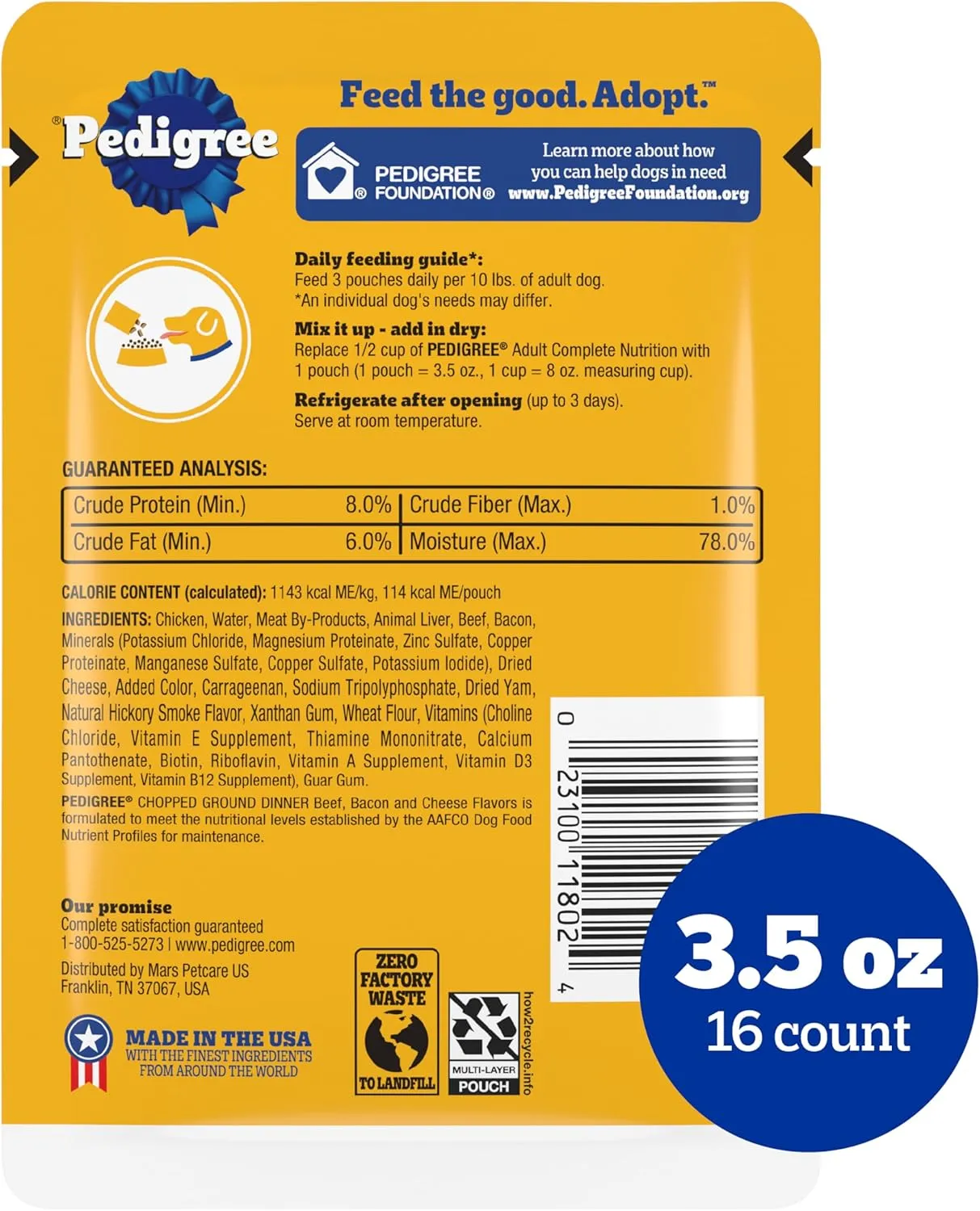 PEDIGREE CHOPPED GROUND DINNER Adult Soft Wet Dog Food, Beef, Bacon & Cheese Flavors, 3.5 oz Pouches, 16 Pack