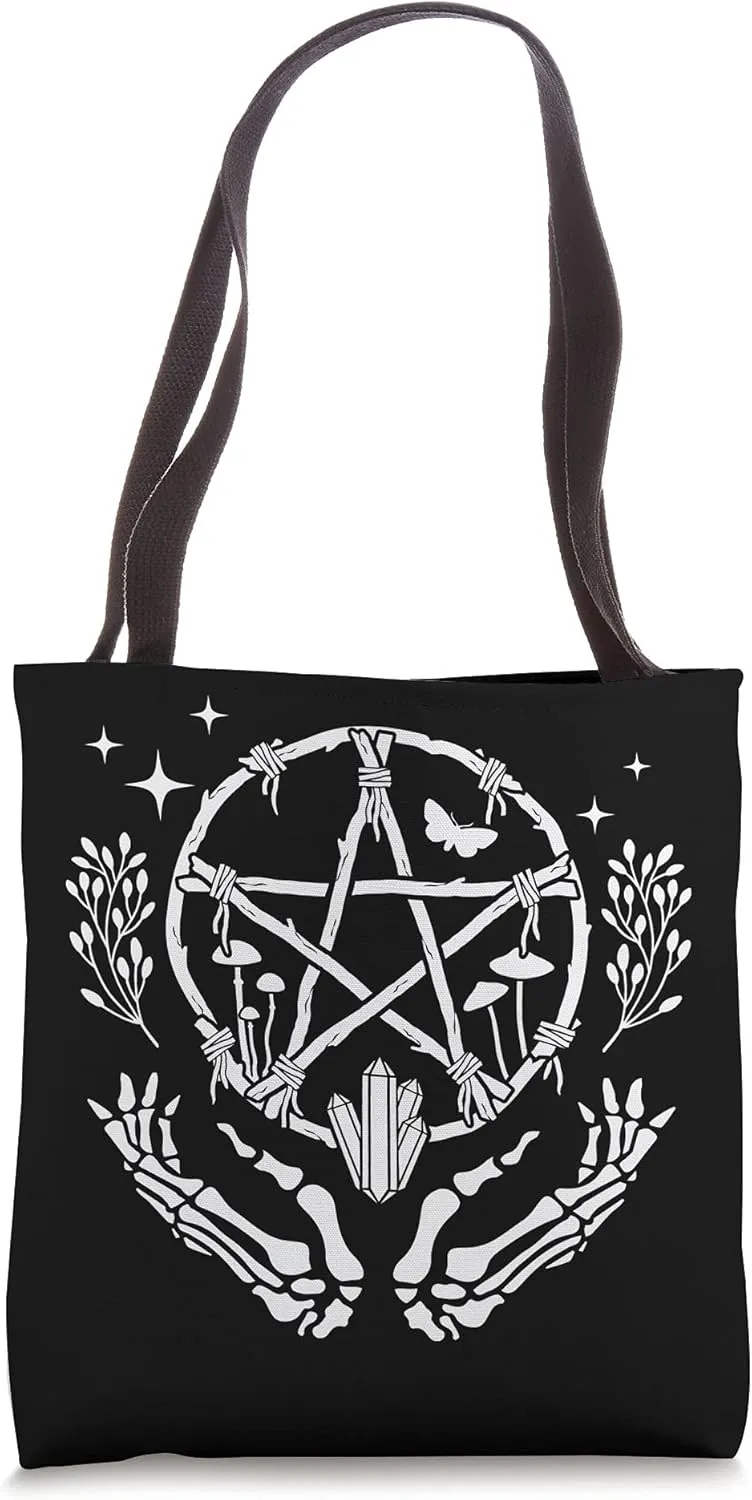 Pentacle Wreath With Skeleton Hands, Crystals and Mushrooms Tote Bag