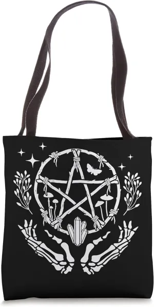 Pentacle Wreath With Skeleton Hands, Crystals and Mushrooms Tote Bag