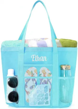 Personalized Beach Tote Bag for Women Custom Embroidered Name Large Mesh Sandproof Swim Bag, Foldable Travel Tote