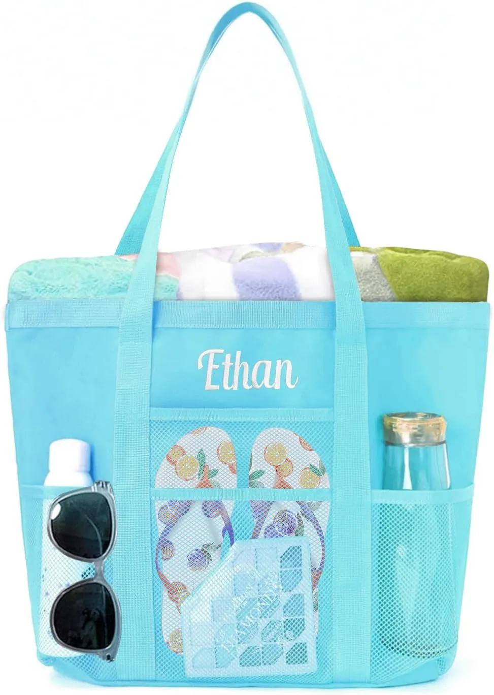 Personalized Beach Tote Bag for Women Custom Embroidered Name Large Mesh Sandproof Swim Bag, Foldable Travel Tote