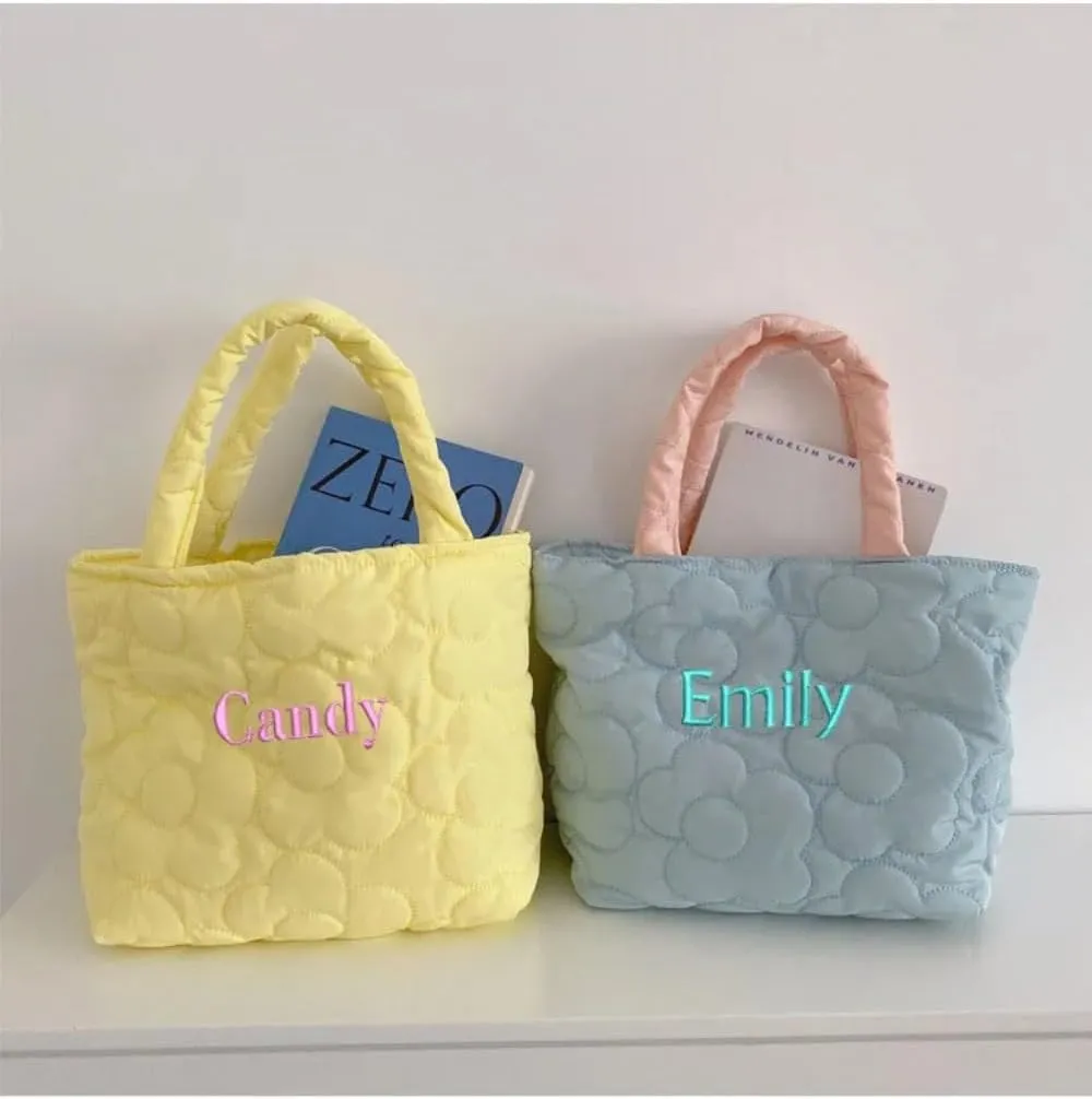 Personalized Embroidered Color Shopping Bag Custom Name Women's Flower Handbag Female Bento Bag Storage Shopping Bag Travel Bag
