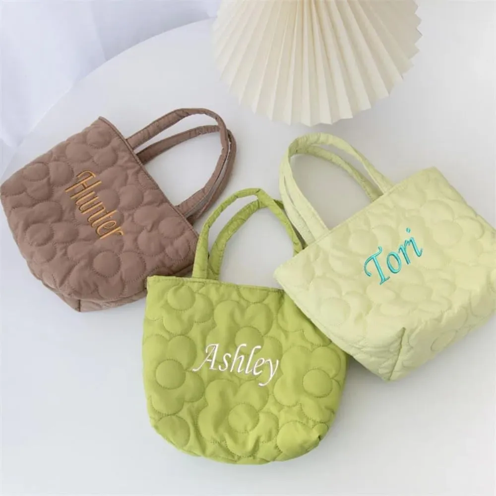 Personalized Embroidered Color Shopping Bag Custom Name Women's Flower Handbag Female Bento Bag Storage Shopping Bag Travel Bag
