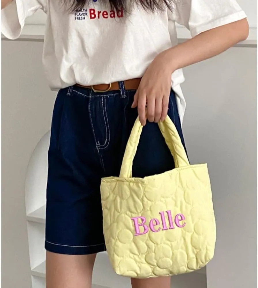 Personalized Embroidered Color Shopping Bag Custom Name Women's Flower Handbag Female Bento Bag Storage Shopping Bag Travel Bag