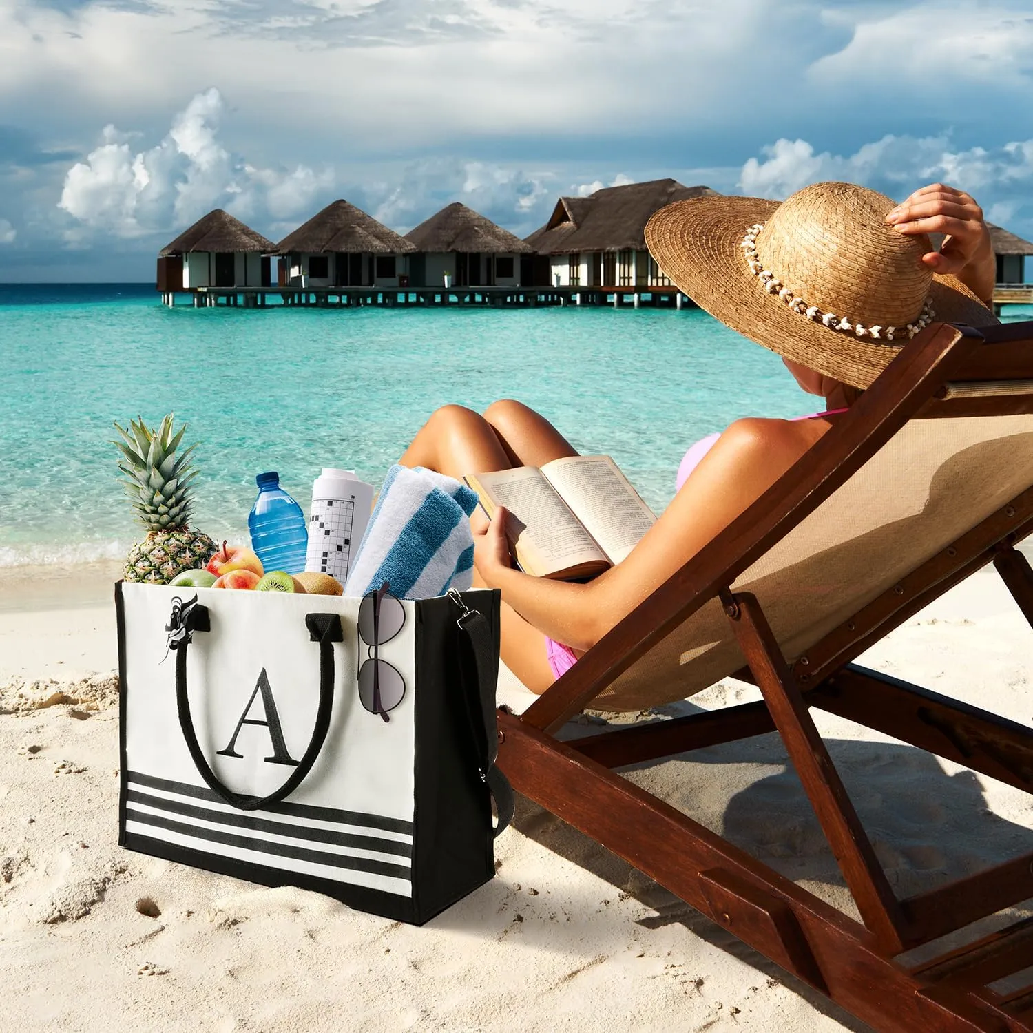 Personalized Initial Monogrammed Canvas Tote Bags, Gifts for Women Teachers Birthday Graduation Beach