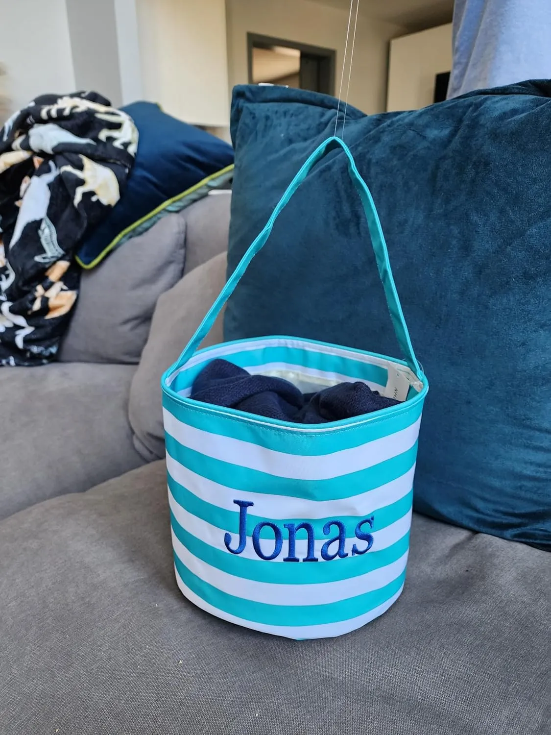 Personalized with Embroidered Name Fun Print Easter Basket Bucket Tote Bag Polyester Canvas