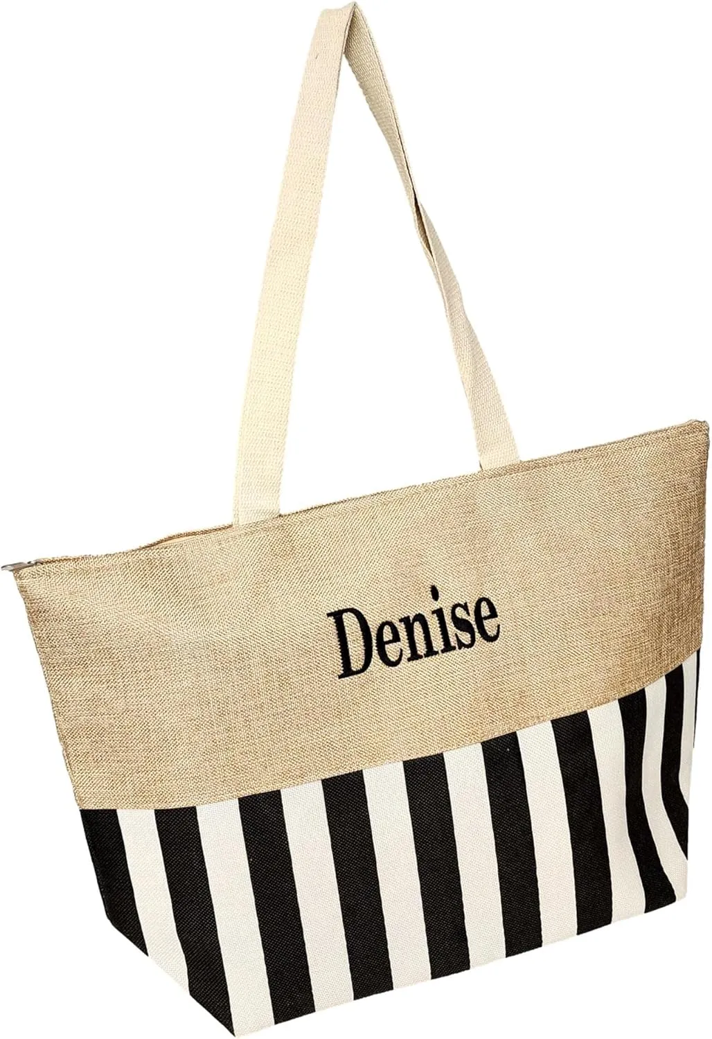 Personalized with Embroidered Name Large Zipper Top Stripe Print Canvas Beach Bag Tote - 22 inches by 14 inches by 7 inches