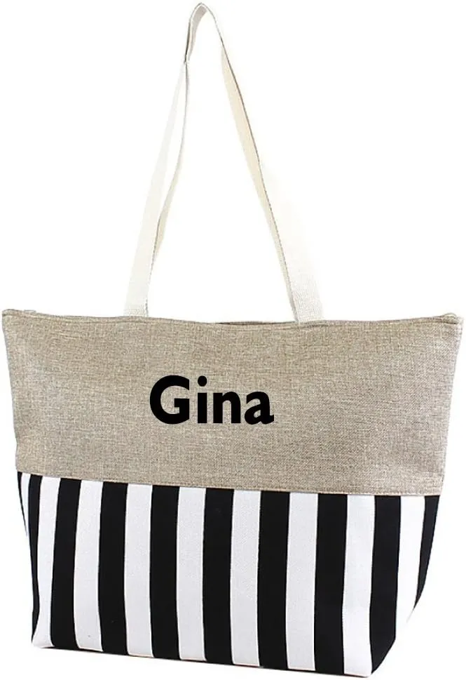 Personalized with Embroidered Name Large Zipper Top Stripe Print Canvas Beach Bag Tote - 22 inches by 14 inches by 7 inches