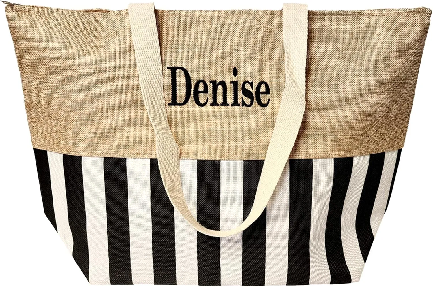 Personalized with Embroidered Name Large Zipper Top Stripe Print Canvas Beach Bag Tote - 22 inches by 14 inches by 7 inches