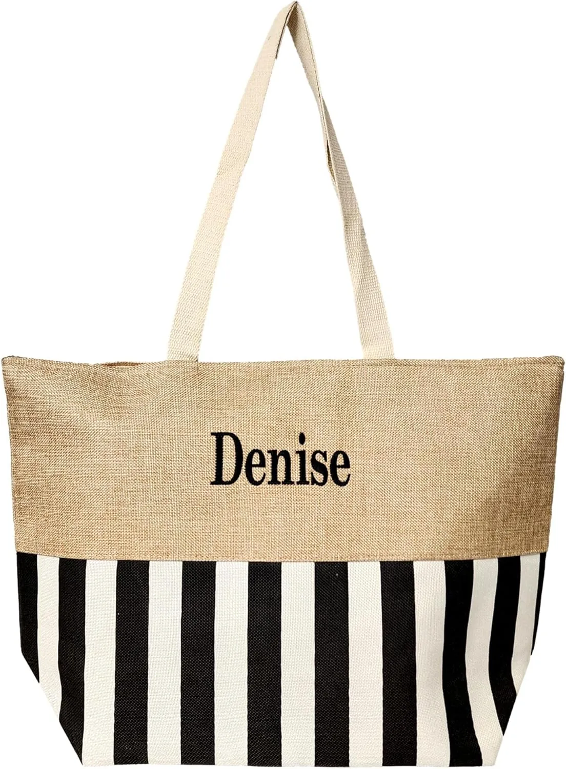 Personalized with Embroidered Name Large Zipper Top Stripe Print Canvas Beach Bag Tote - 22 inches by 14 inches by 7 inches