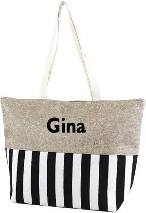 Personalized with Embroidered Name Large Zipper Top Stripe Print Canvas Beach Bag Tote - 22 inches by 14 inches by 7 inches