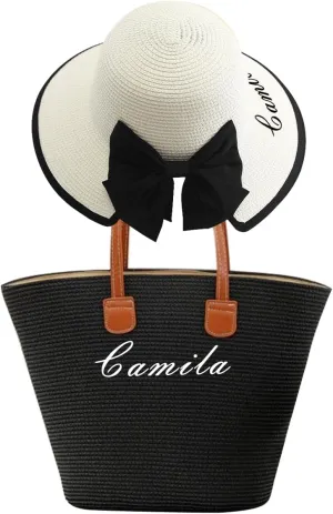 Personalized Women Straw Hat and Tote Bag Set,Custom Name Wide Brim Sun Hat Summer Foldable Floppy Beach Bag Travel Vacation