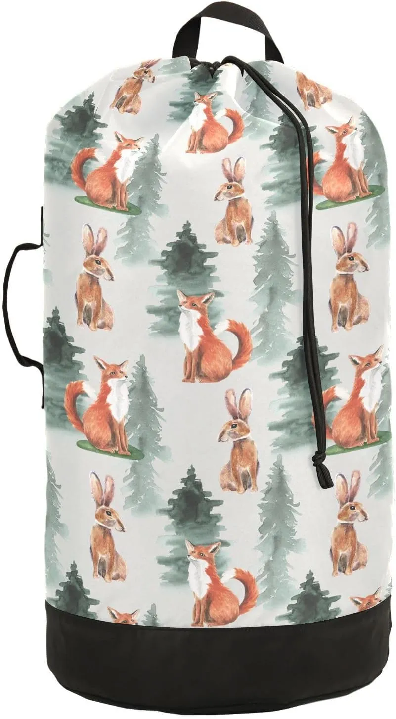 Pine Trees Fox Laundry Bag with Shoulder Straps Drawstring Travel Laundry Hamper Dry Bag Backpack Laundry Bags for Dirty Clothes Organizer Camping Dorm Essentials