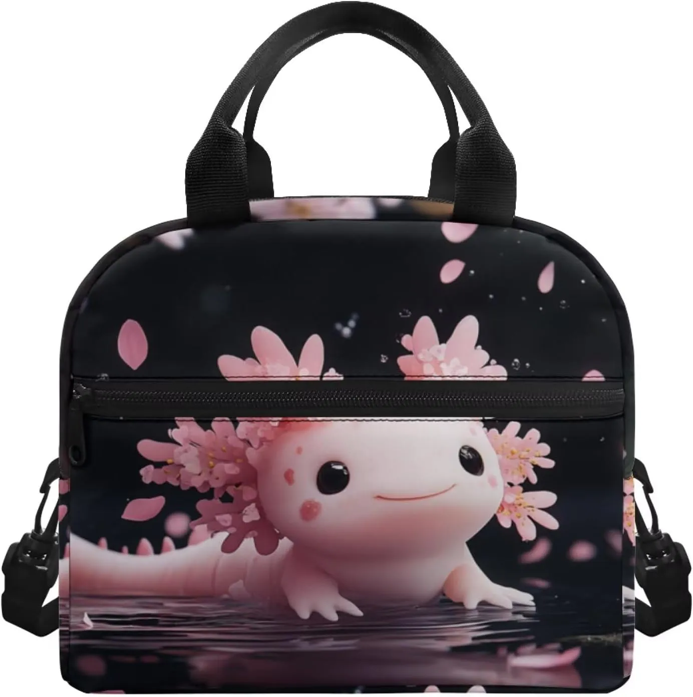 Pink Axolotl Girl Lunch Bag Kawaii Animal Meal Pre Lunch Bags with Front Pocket Crossbody Style School Lunchbag with Top Handle Easy to Carry Lightweight