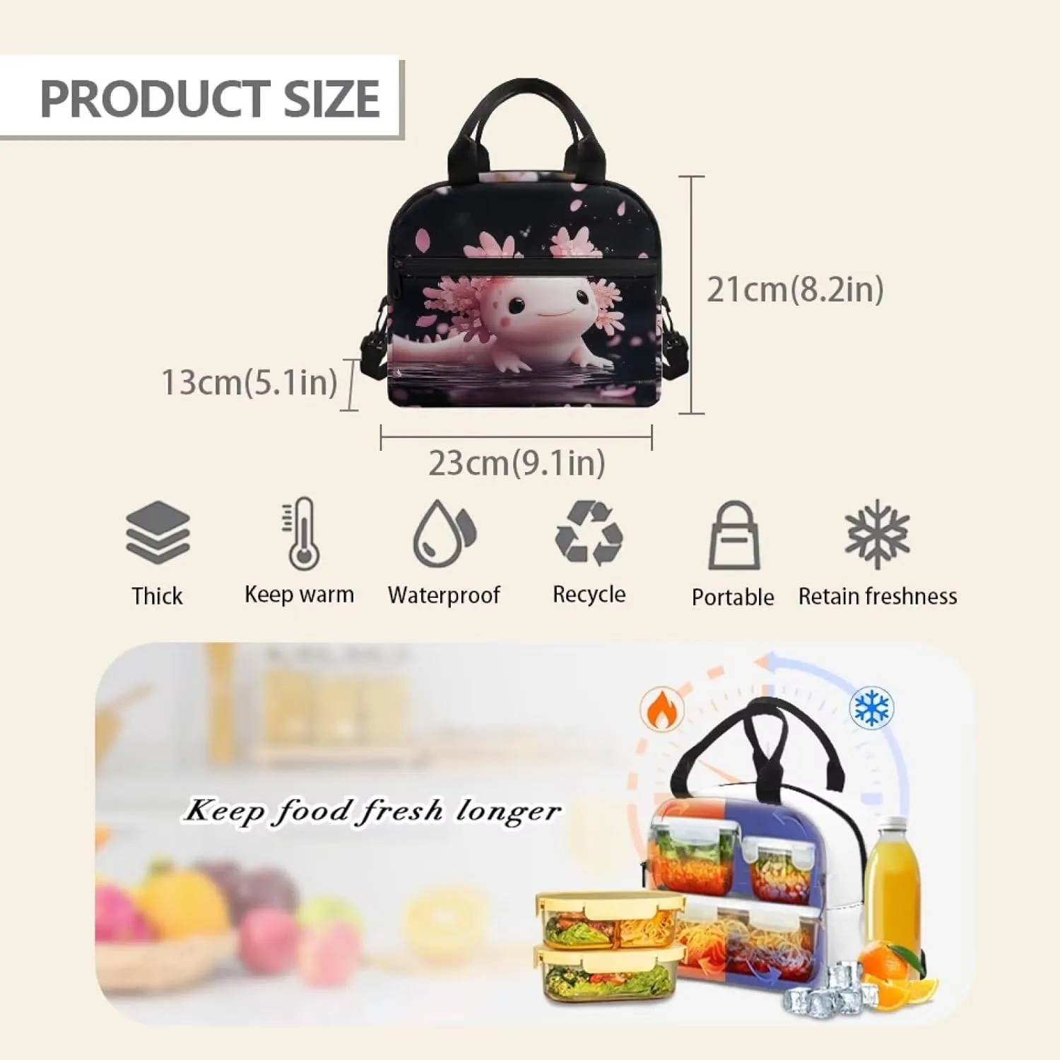 Pink Axolotl Girl Lunch Bag Kawaii Animal Meal Pre Lunch Bags with Front Pocket Crossbody Style School Lunchbag with Top Handle Easy to Carry Lightweight