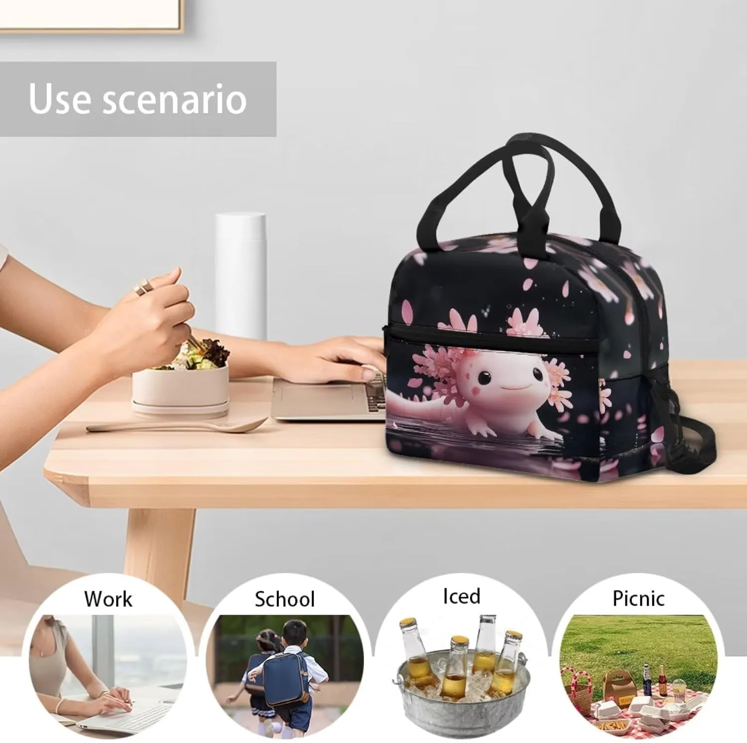 Pink Axolotl Girl Lunch Bag Kawaii Animal Meal Pre Lunch Bags with Front Pocket Crossbody Style School Lunchbag with Top Handle Easy to Carry Lightweight