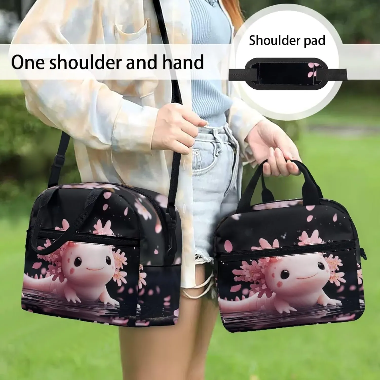 Pink Axolotl Girl Lunch Bag Kawaii Animal Meal Pre Lunch Bags with Front Pocket Crossbody Style School Lunchbag with Top Handle Easy to Carry Lightweight