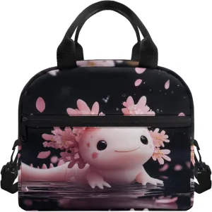 Pink Axolotl Girl Lunch Bag Kawaii Animal Meal Pre Lunch Bags with Front Pocket Crossbody Style School Lunchbag with Top Handle Easy to Carry Lightweight