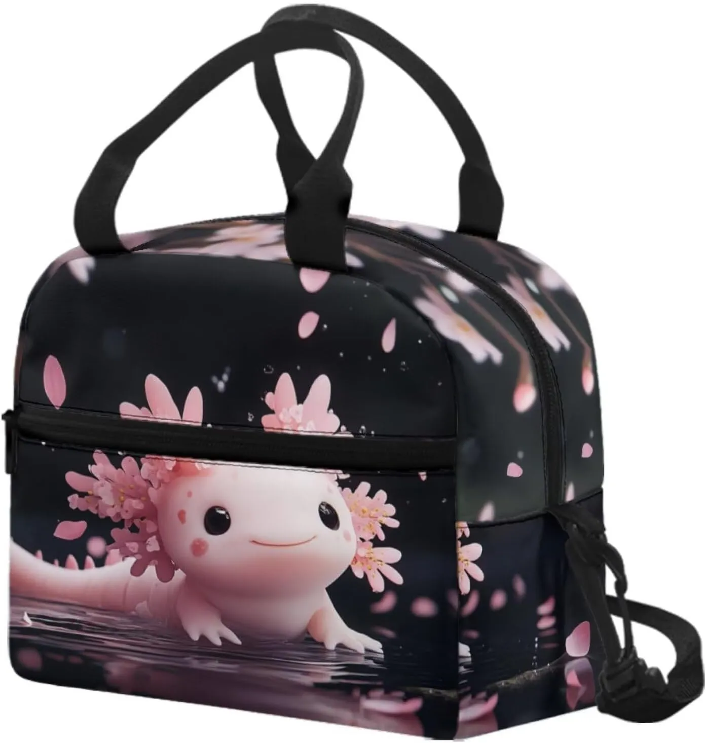 Pink Axolotl Girl Lunch Bag Kawaii Animal Meal Pre Lunch Bags with Front Pocket Crossbody Style School Lunchbag with Top Handle Easy to Carry Lightweight