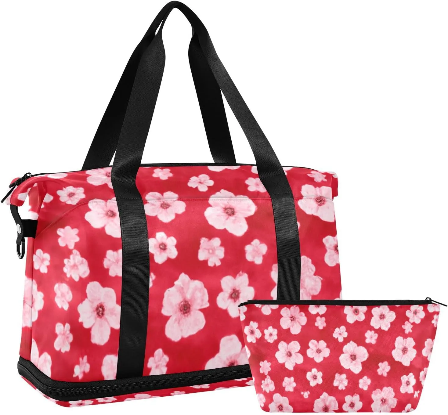 Pink Flower in Red Versatile Sports Travel Bag - Lasting Twill Tote, Removable Wheel & Rod Bagging, Multi-pocket Design, Complimentary Makeup Bag