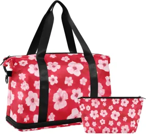Pink Flower in Red Versatile Sports Travel Bag - Lasting Twill Tote, Removable Wheel & Rod Bagging, Multi-pocket Design, Complimentary Makeup Bag