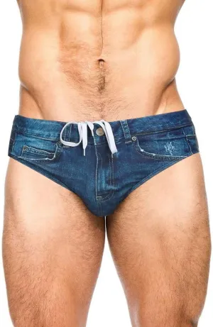 PJ PAUL JONES Men's Swim Brief Denim Print Swim Trunks Drawstring Waist Swimsuit Bikini Briefs