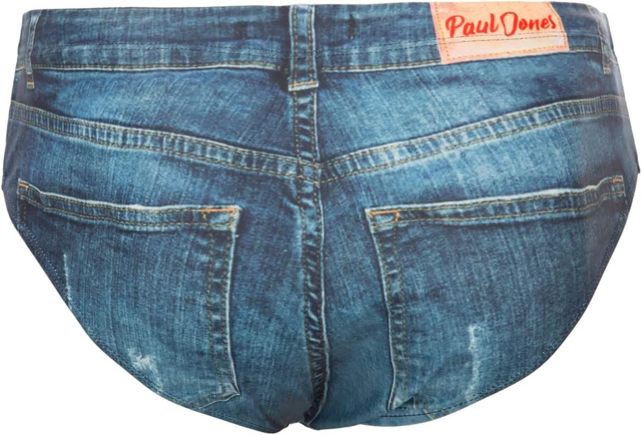 PJ PAUL JONES Men's Swim Brief Denim Print Swim Trunks Drawstring Waist Swimsuit Bikini Briefs