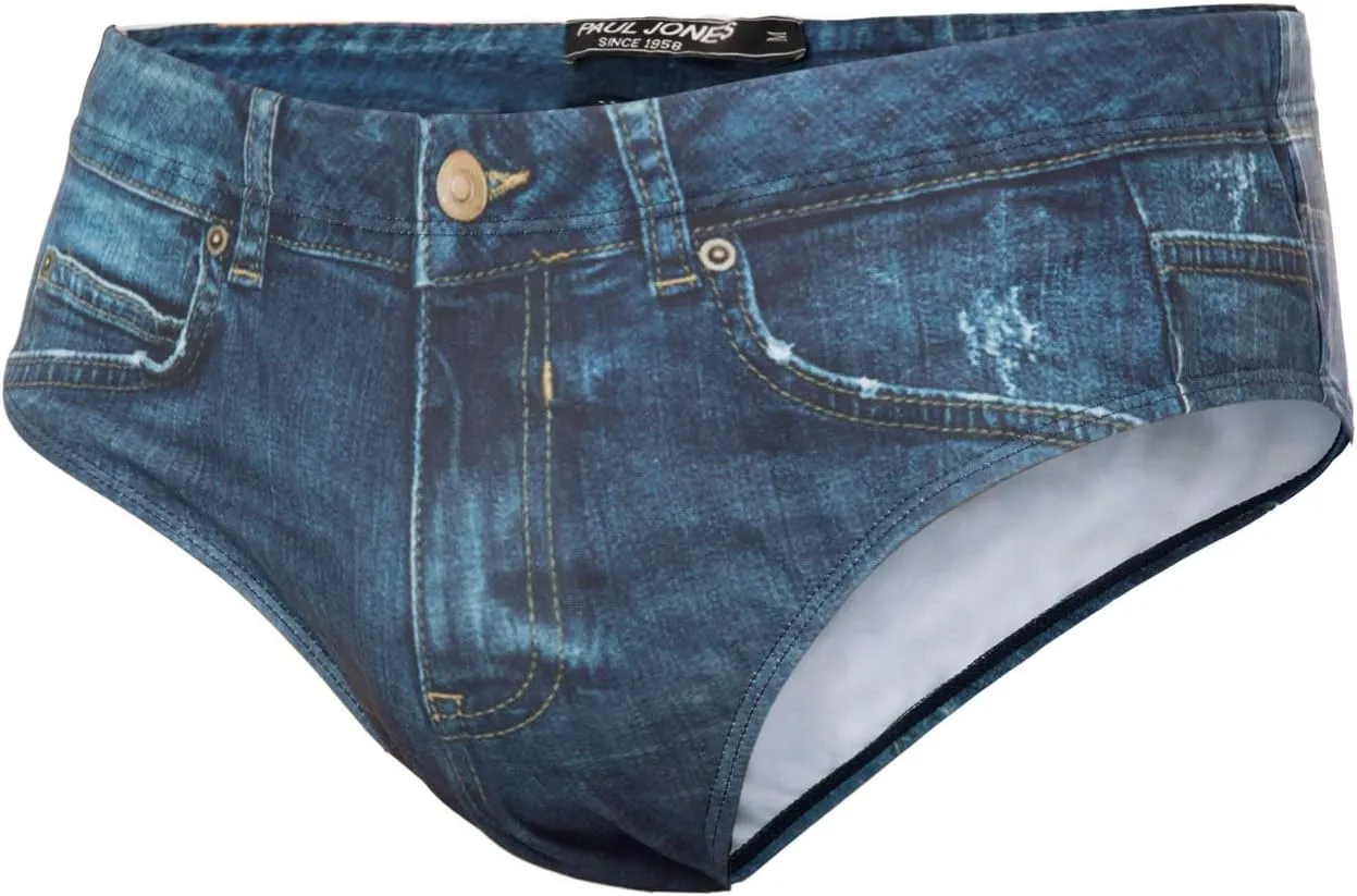 PJ PAUL JONES Men's Swim Brief Denim Print Swim Trunks Drawstring Waist Swimsuit Bikini Briefs