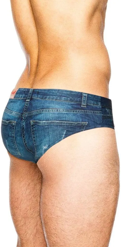 PJ PAUL JONES Men's Swim Brief Denim Print Swim Trunks Drawstring Waist Swimsuit Bikini Briefs