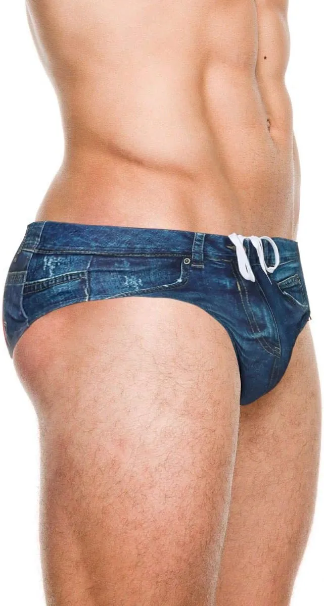 PJ PAUL JONES Men's Swim Brief Denim Print Swim Trunks Drawstring Waist Swimsuit Bikini Briefs