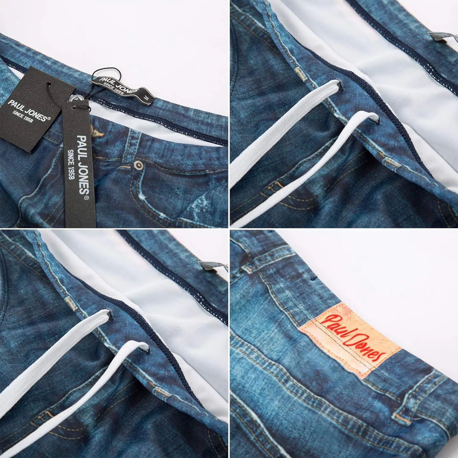 PJ PAUL JONES Men's Swim Brief Denim Print Swim Trunks Drawstring Waist Swimsuit Bikini Briefs