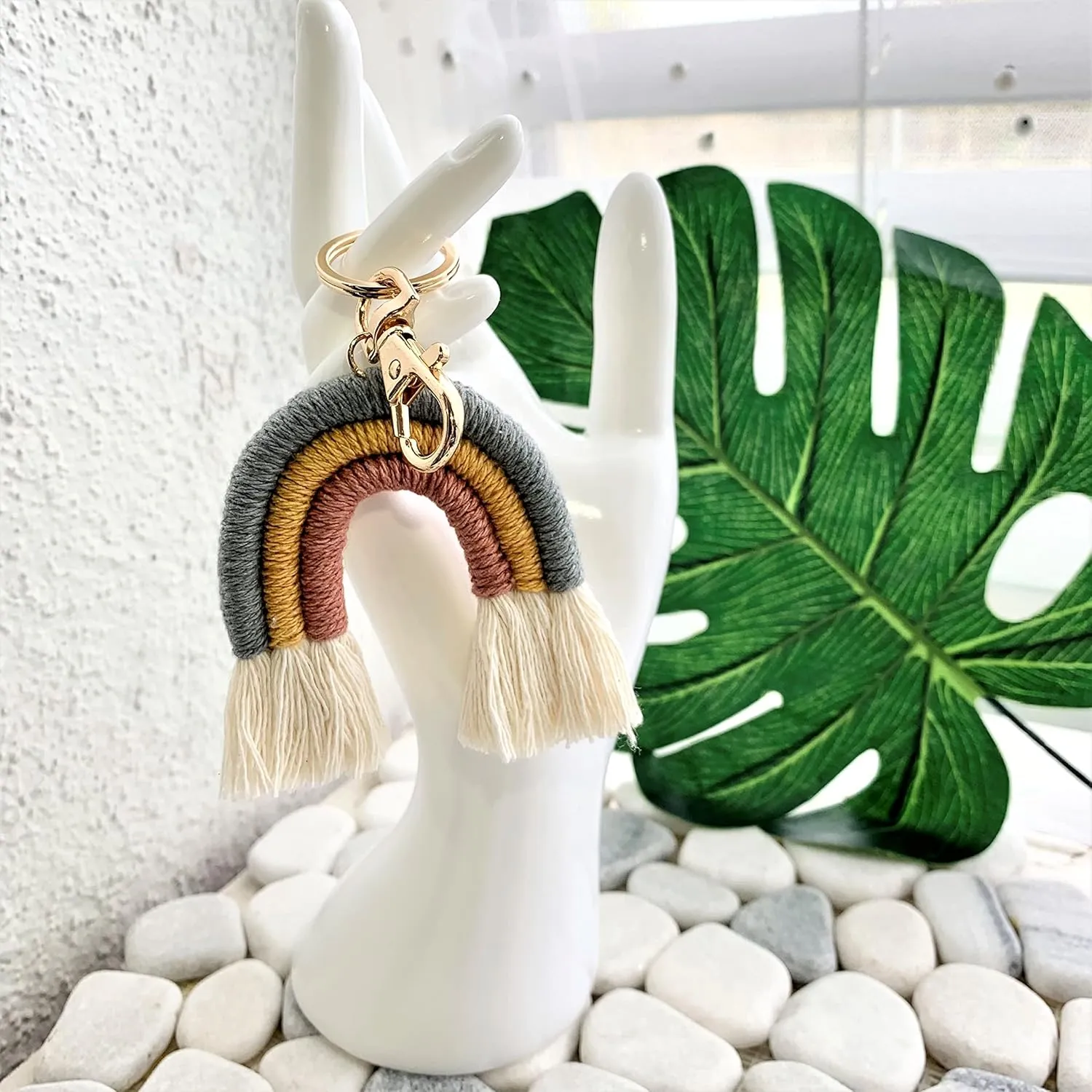 Pom Pom Boho Macrame Weaving Rainbow Tassel Keychains Car Keyring Bag Charm for Girls Woman Pack OF 2