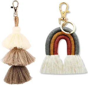 Pom Pom Boho Macrame Weaving Rainbow Tassel Keychains Car Keyring Bag Charm for Girls Woman Pack OF 2