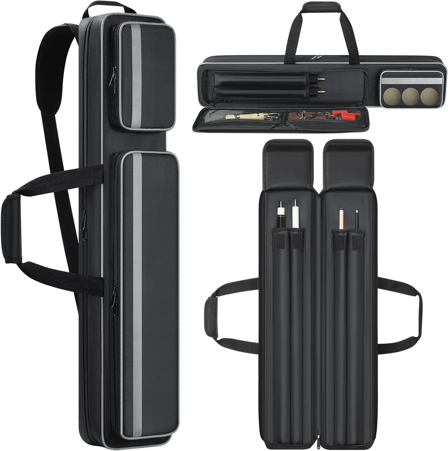 Pool Cue Case 2x2, Pool Stick Bag with Multi-pocket for 2 Butts and 2 Shafts, Billiard Stick Carrying Case with Shoulder Straps & Handle for Pool Cue & Accessories