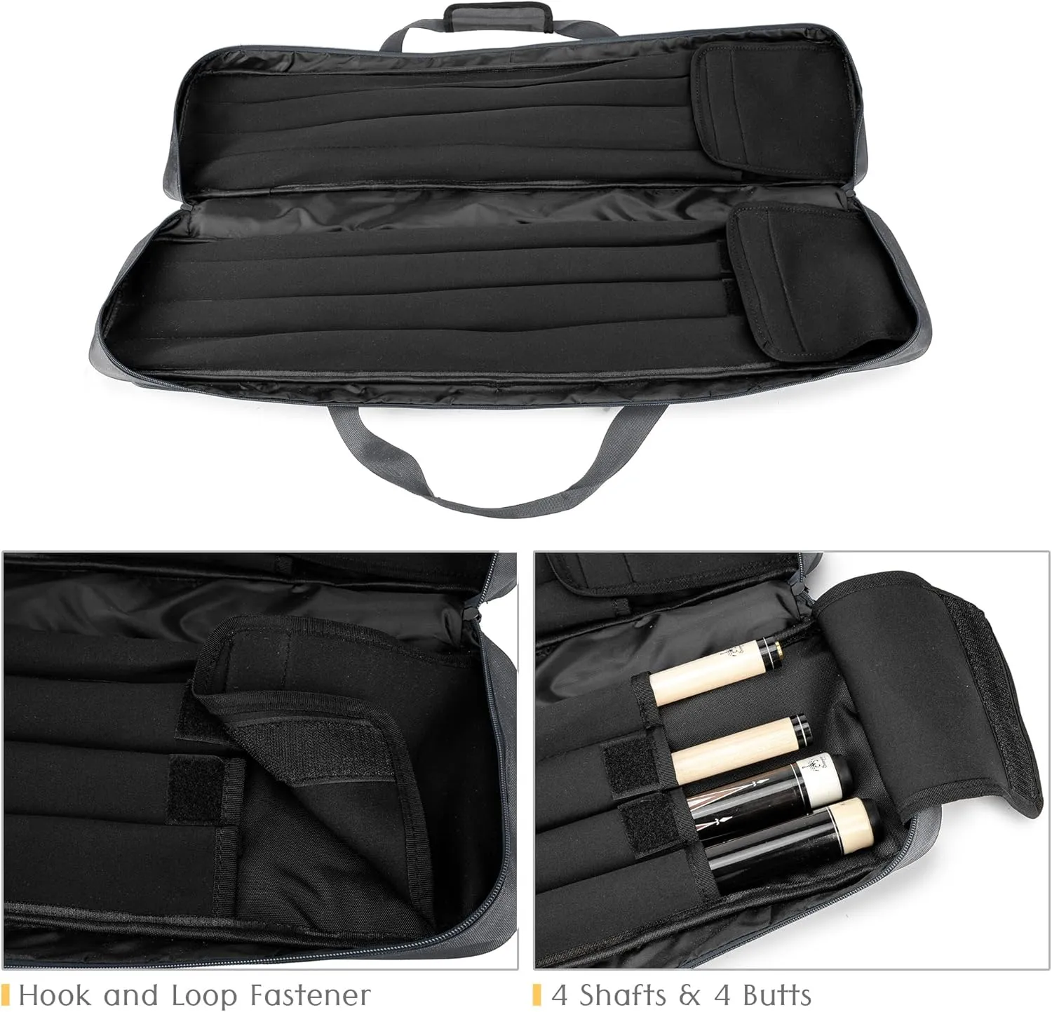 Pool Cue Case 4x4, Pool Cue Carrying Case Holds 4 Butts and 4 Shafts, Soft Padded Pool Stick Case with Multi-pocket and Adjustable Shoulder Straps