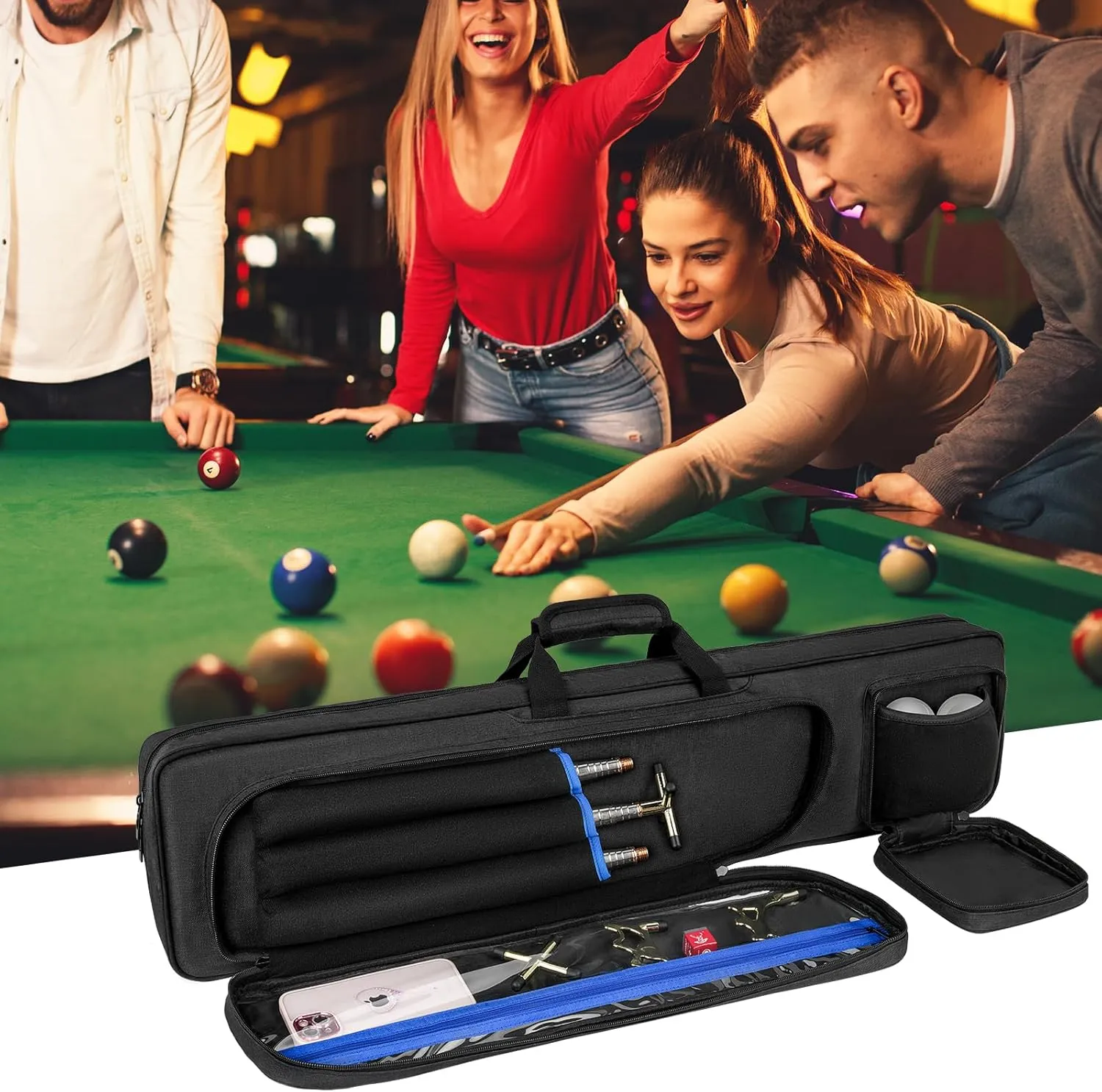 Pool Cue Case, Pool Stick Carrying Case Holds Butts and Shafts, Billiard Cue Bag with Shoulder Straps