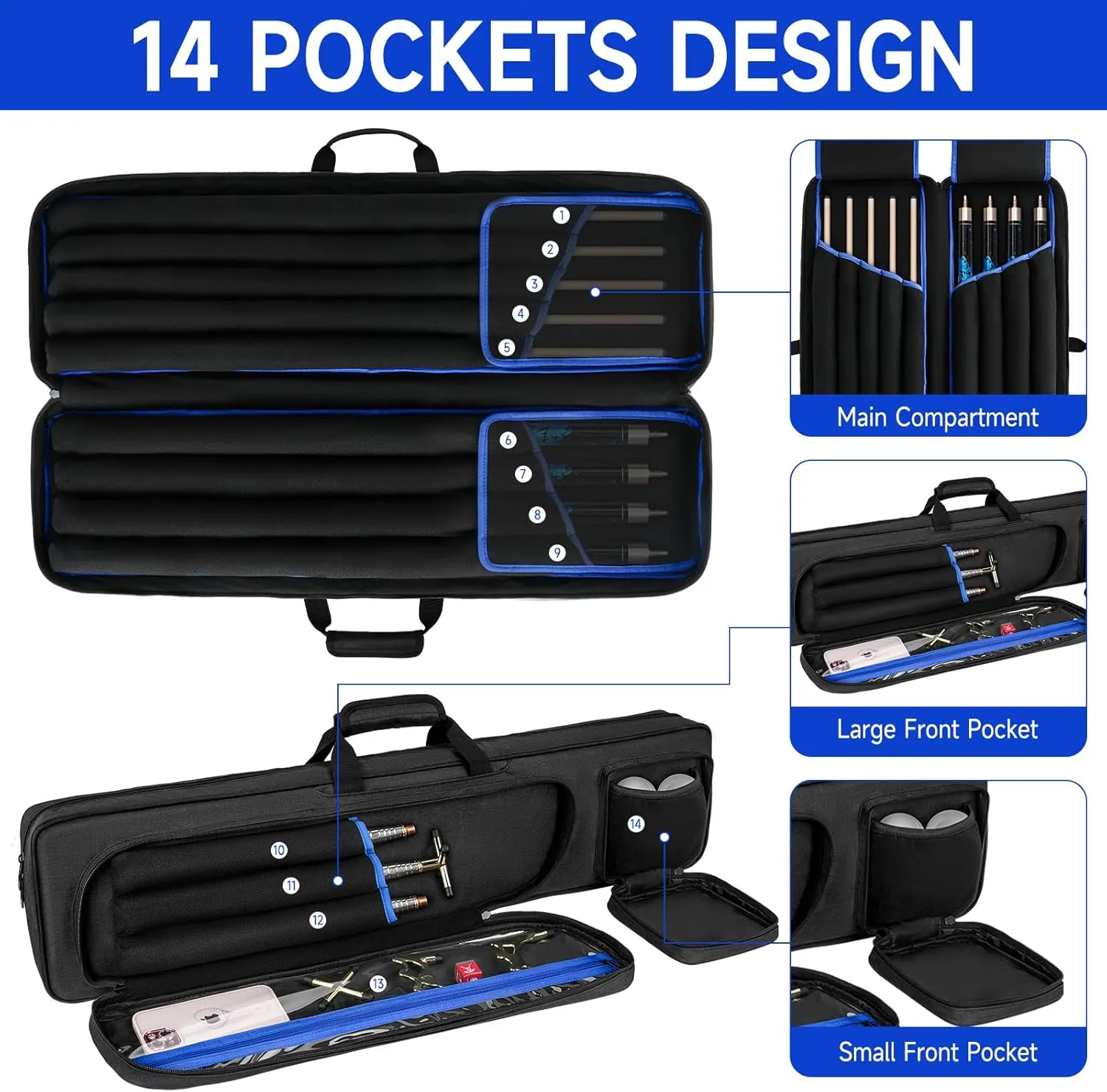 Pool Cue Case, Pool Stick Carrying Case Holds Butts and Shafts, Billiard Cue Bag with Shoulder Straps