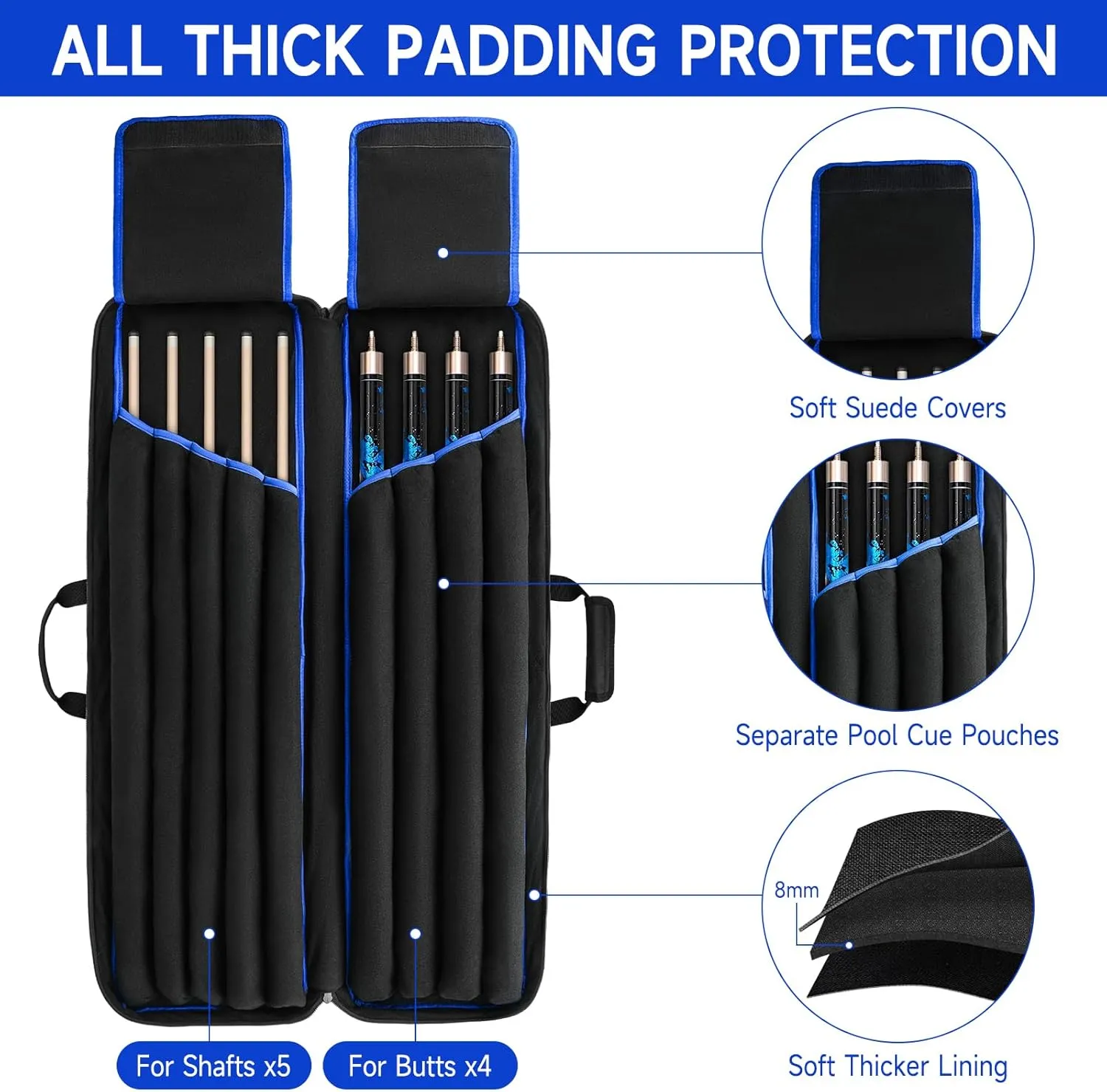 Pool Cue Case, Pool Stick Carrying Case Holds Butts and Shafts, Billiard Cue Bag with Shoulder Straps