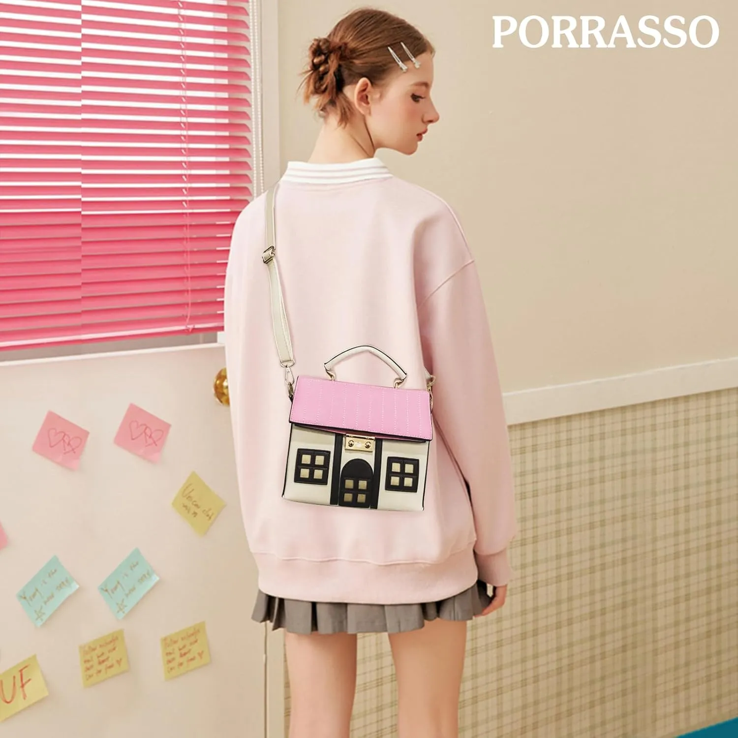 PORRASSO Crossbody Bag Women Creative Shoulder Bag PU House Shape Handbag Satchel Pink