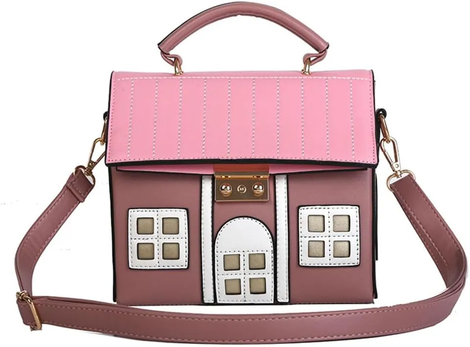 PORRASSO Crossbody Bag Women Creative Shoulder Bag PU House Shape Handbag Satchel Pink